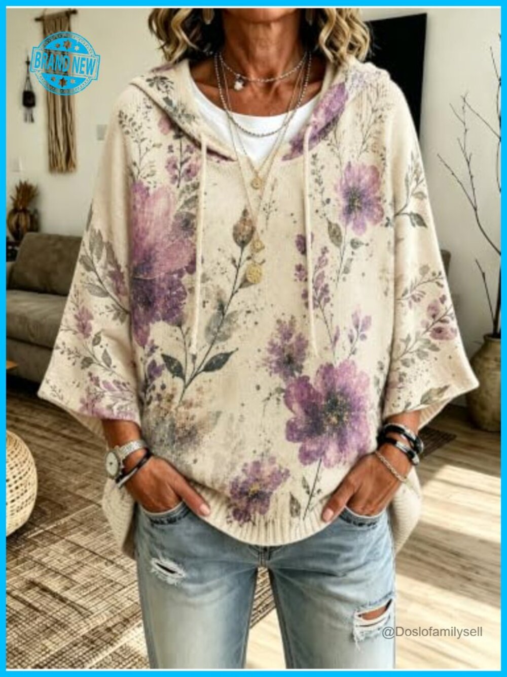Floral Print Hoodie 3/4 Batwing Sleeve Oversized Knit Pullover Casual Top